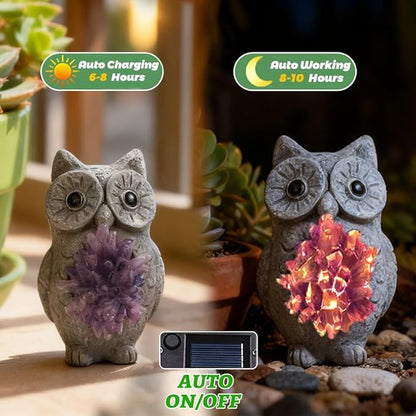 Solar Owl Light Statue Light Resin Figurine with Purple Stone Cluster & Solar Lamp, Indoor Outdoor Amethyst Crystal Home Decor, Spiritual Ornament for Crystal Enthusiasts & Garden Aesthetic Lovers