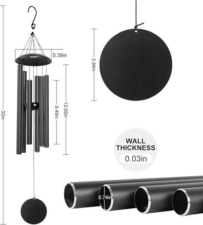 Wind Chimes for Outside, 32-Inch Simple Metal Wind Chimes Deep Tone, with 6 Thick Aluminum Tubes 0.03 in Wall Thickess – Ideal Gift for Mom or Grandma, Perfect for Backyard Decoration (Black)