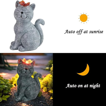 Solar Cat Statue Garden Outdoor Decor, Cat Kitten Figurines with Solar Lights Butterfly for Yard, Patio, Lawn, and Garden Outdoor Decoration, Housewarming Garden Gift.