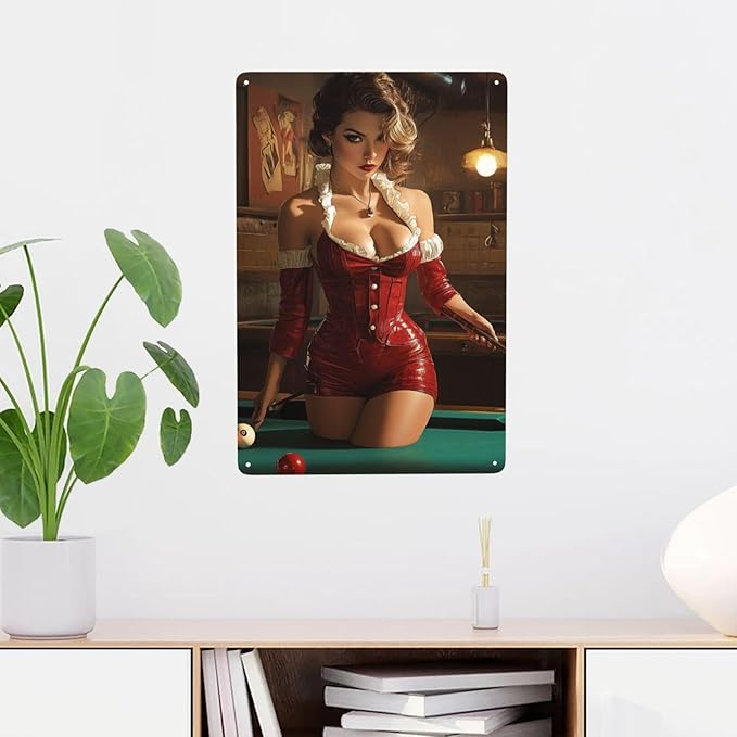 Cafemira Vintage tin sign,sexy woman &pool table,Metal sign Art Decor wall,for studio,office,cafe,bar,living room,Yard,Patio,pool hall decorative plaque poster,easy to hang.8x12 Inch