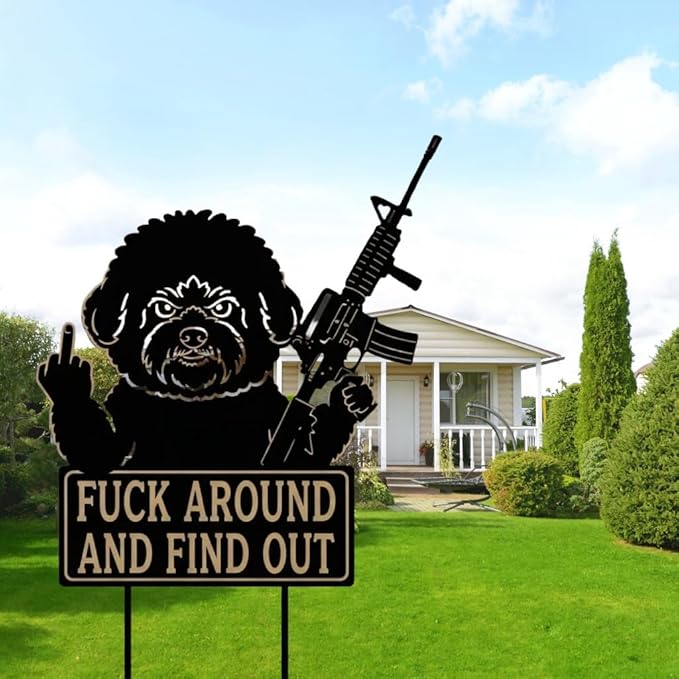 F Around & Find Out Dog Sentry Metal Dogs Silhouette Garden Stake with Middle Finger &Weapon Sign, FAFO Security Sign Middle Finger Dog Statue Decor for Outdoor Yard Patio (Poodle, 8 * 16")