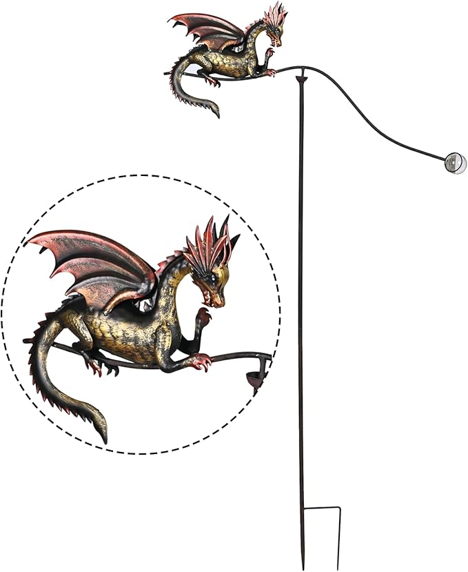Metal Dragon Garden Decorative Stakes Balancing Yard Art 49" H, Artisam Crafted Iron Balancer Sculpture, Gifts to Dragon Lovers as Lawn Court Patio Exterior Spaces All Season Outdoor Decor
