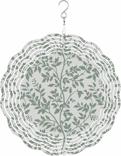 Stainless Steel Wind Spinner for Yard Garden Decoration, Pale Green Botanical Leaves Pattern Round Wind Sculpture Spinner 3D Crafts Hanging Ornaments for Indoor Outdoor, 8 Inch