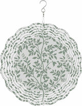 Stainless Steel Wind Spinner for Yard Garden Decoration, Pale Green Botanical Leaves Pattern Round Wind Sculpture Spinner 3D Crafts Hanging Ornaments for Indoor Outdoor, 8 Inch