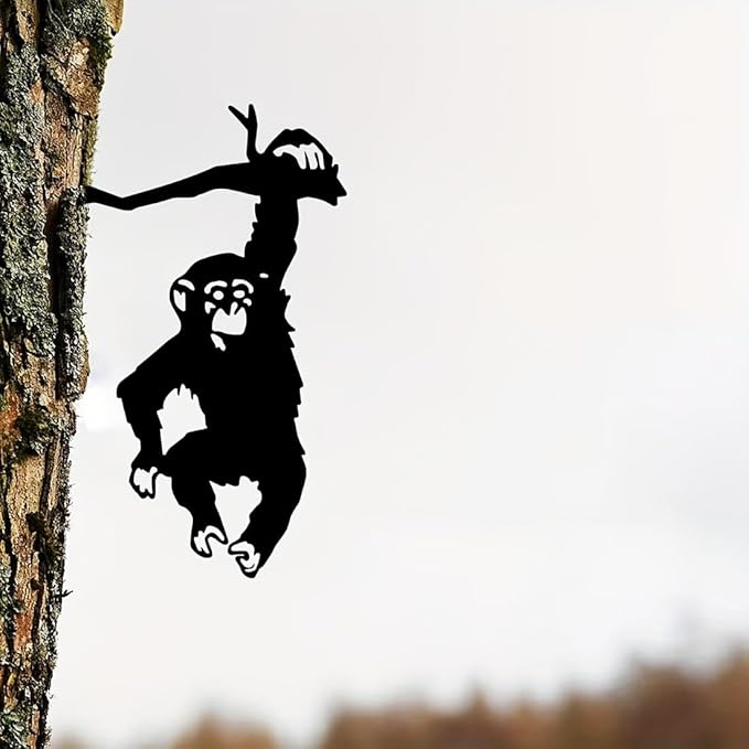 FJXQTCXD Hanging Monkey Tree Stump Plug-in Art Silhouette Metal Wall Art Home Garden Yard Patio Outdoor Statue, Yard Art Decor