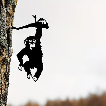 FJXQTCXD Hanging Monkey Tree Stump Plug-in Art Silhouette Metal Wall Art Home Garden Yard Patio Outdoor Statue, Yard Art Decor