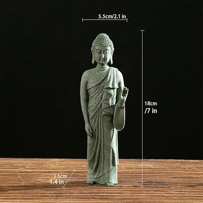 Mini Buda Meditating Buddah Statue-Natural Sandstone Stone -Handmade for Zen Garden Fish Aquarium Tank Yoga Bonsai Micro Landscape Spiritual Fengshui Praying Shui Chakra Decor (standing left hand)