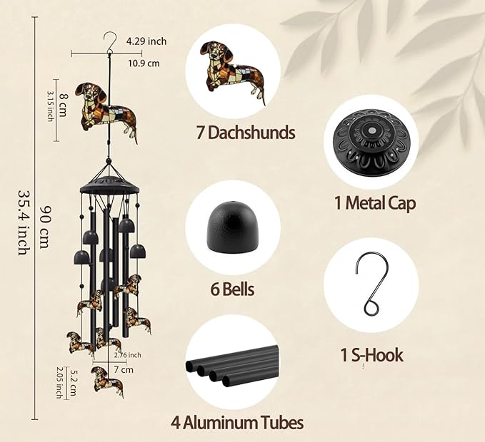 35.4" Dachshund Wind Chimes for Outside, Metal Windchimes, Dachshund Wind Chime Garden Decor, Mothers Day Birthday Memorial Gifts for Mom Grandma Wife, Durable Outdoors Decor