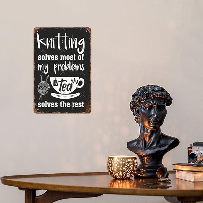 Vintage Tin Wall Decor Sign Knitg Solves Most Of My Problems Tea Solves The Rest for Home,Garden,Patio,Office,Classroom,Kitchen & More! 8x12 Inches,Retro Metal Art with Funny Quotes