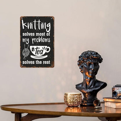Vintage Tin Wall Decor Sign Knitg Solves Most Of My Problems Tea Solves The Rest for Home,Garden,Patio,Office,Classroom,Kitchen & More! 8x12 Inches,Retro Metal Art with Funny Quotes