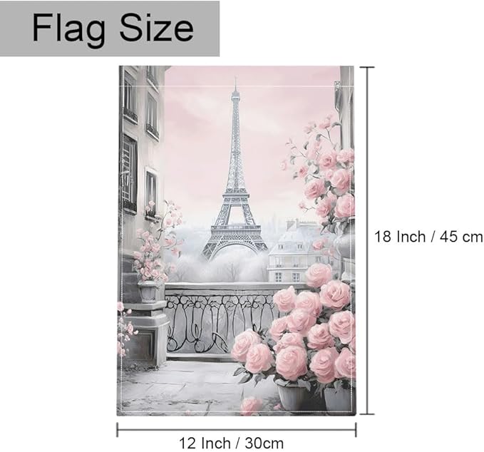 Gkyygk Eiffel Tower Pink Roses Paris Welcome Garden Flag 12x18 Inch Banners Vertical Double Sided Small Yard Flag Burlap Farmhouse Outdoor Lawn Patio Decor