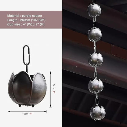 Copper Rain Chain Outdoor Gutter Downpipe, Petal Shaped Decorative Rain Bell, Rain Guide Chain(260cm (102 3/8"))