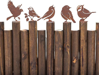 CREATCABIN 5Pcs Rusty Birds Fence Decoration Outdoor Birds Decor for Yard Art Metal Craft Statue Ornaments Iron Sculptures Stakes Rustic Garden Decor for Farmhouse Yard Wall