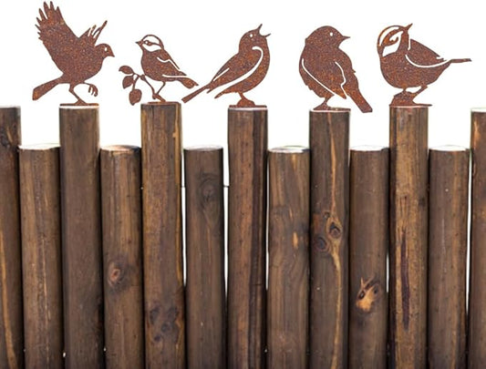 CREATCABIN 5Pcs Rusty Birds Fence Decoration Outdoor Birds Decor for Yard Art Metal Craft Statue Ornaments Iron Sculptures Stakes Rustic Garden Decor for Farmhouse Yard Wall