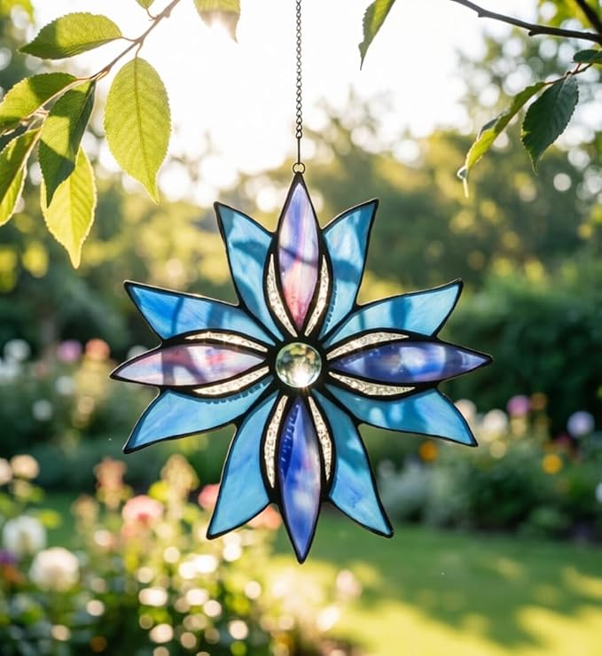 Stained Glass Window Panels,Flower Handmade Art Crafts Suncatcher for Window or Wall (Indigo starflower)