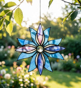 Stained Glass Window Panels,Flower Handmade Art Crafts Suncatcher for Window or Wall (Indigo starflower)