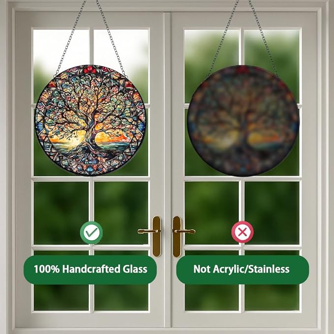 Tree of Life Suncatcher Indoor/Outdoor Stained Glass Window Hanging - Handmade Stained Glass Suncatchers for Windows Hanging - Decoration for Home Garden Christmas Party Wedding Housewarming Gifts