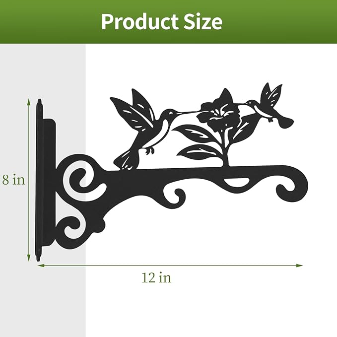Elegant Bird Pattern Wall Hooks - 10/12/14 Inch Metal Plant Hangers for Indoor & Outdoor - Rust-Resistant Bracket for Plants, Feeders, Chimes, Lanterns (2, Black, 12 inch)
