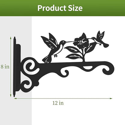 Elegant Bird Pattern Wall Hooks - 10/12/14 Inch Metal Plant Hangers for Indoor & Outdoor - Rust-Resistant Bracket for Plants, Feeders, Chimes, Lanterns (2, Black, 12 inch)
