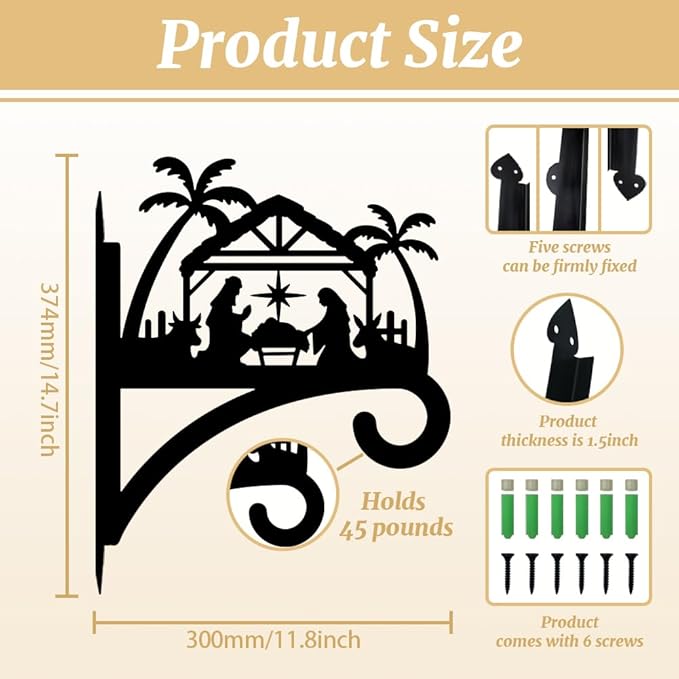 peacoblue Iron Plant Hangers Hooks for Outdoor Indoor Hanging Plants Flower Fern Pots Lantern Bird Feeder,11.8"x14.7" Weather Resistant Metal Wall Holder for Porch Garden Farmhouse(Nativity)