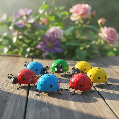 Cruis Cuka Cute Colorful Ladybug Metal Garden Decor, Set of 8 (4 Colors*2) Outdoor Yard Art, Lawn Ornaments, Fence & Patio Wall Sculptures, for Mom, Housewarming