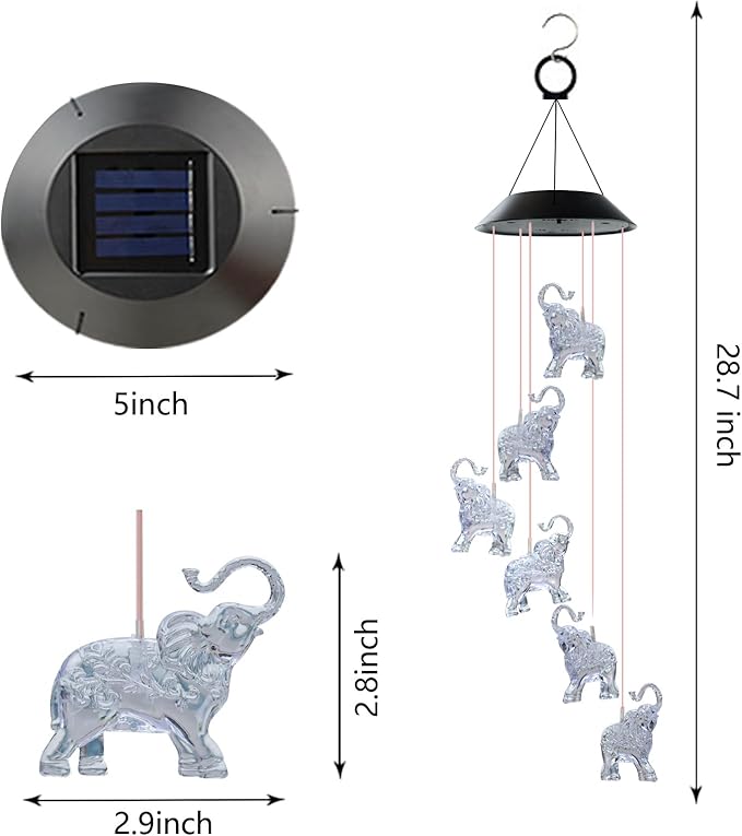 Solar Wind Chimes, Elephant Wind Chimes Gifts for Mom Grandma Women Wife Girls, IP65 Waterproof Hanging Memorial Windchimes with 7 Color Changing LED Lights for Outside Garden Yard Decorations