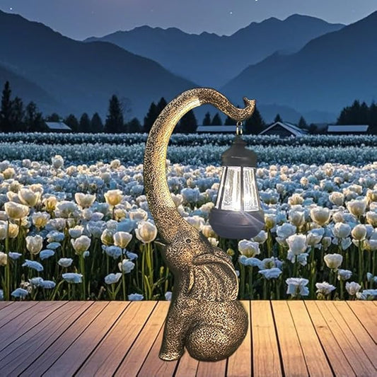 NASKY 14.76" Outdoor Sculpture Figurine Statue Solar Elephant – Stone-Look Resin Garden, Yard, Lawn, & Park Decor, Perfect Housewarming Gift for Family, Friends, or Colleagues