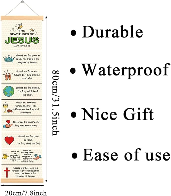 Bible Verse Canvas Banner, The Beatitudes of Jesus Banner, Christian Canvas Poster, Rustic Hanging Poster for Wall Decoration, Family Hanging of Scripture and Words Decorations 02