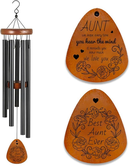 Memorial Wind Chimes for Outside, Unique Aunt Retirement Friendship Gifts for Women, Aunt Theme Wind Chime with Flowers and Heart Patterns for Home Garden Decor, Best Friend Birthday Gifts