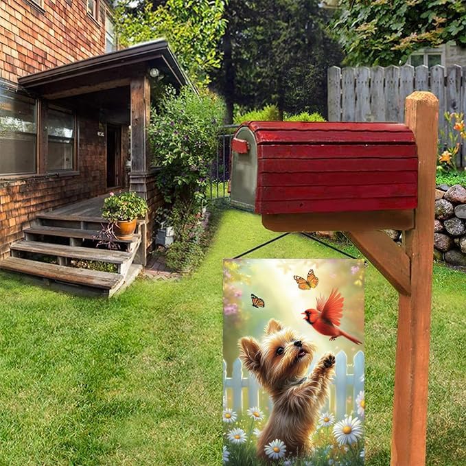 Spring Summer Garden Flags for Outside 12x18 Double Sided, Small Burlap Yorkie Dog Cardinal Floral Garden Flag Spring Summer Outdoor Yard Decorations