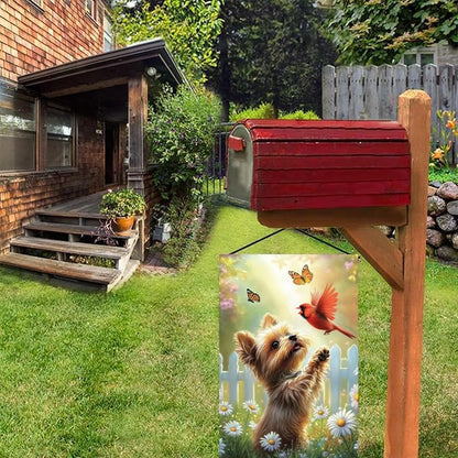 Spring Summer Garden Flags for Outside 12x18 Double Sided, Small Burlap Yorkie Dog Cardinal Floral Garden Flag Spring Summer Outdoor Yard Decorations