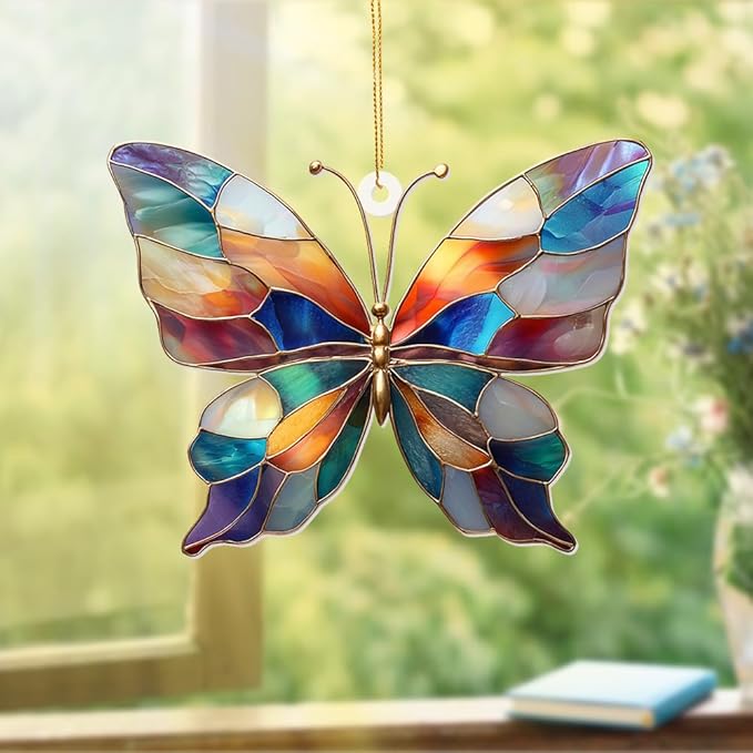Stained Glass Butterfly Ornament Acrylic – Colorful Suncatcher Window Hanging, Glass Butterfly Decoration for Christmas Tree 2026, Spring Garden Décor, Gifts for Women & Nature Lovers(Sun-04)