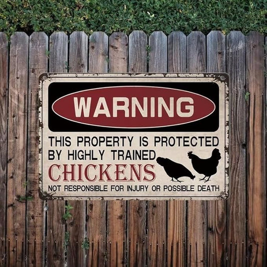 Vintage Chicken Signs for Coop Warning This Property is Protected Chickens Tin Sign Chicken Coop Sign Chicken Accessories Outdoor Chicken Decor on Coop 8X12 Inch