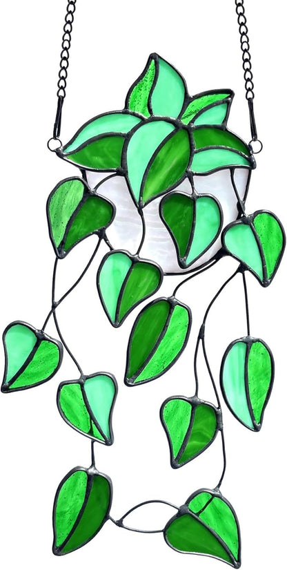 Green Faux Plants Stained Glass Window Hanging Suncatcher, Artificial Plants Decor Gift for Women, Stain Glass Sun Catchers Indoor Window, Handcrafted Home Wall Art Decoration Ornament.