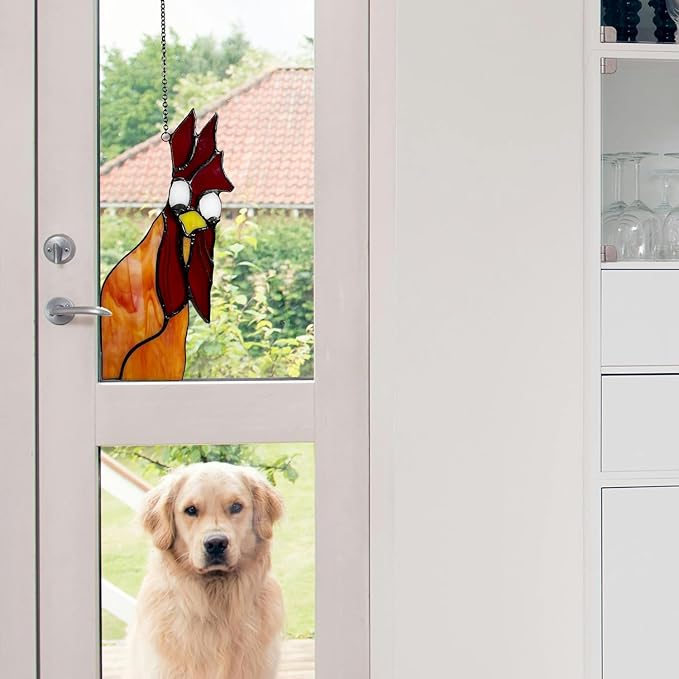 Peeping Rooster Stained Glass Window Hanging, Chicken Gifts for Women Mom Grandma Wife, Chicken Kitchen Decor, Funny Window Corner Hanging Rooster Decor Cockscomb