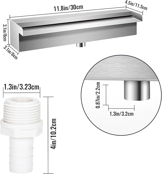 Pool Waterfall Fountains, Stainless Steel Rectangular Pool Waterfall Spillway with Pipe Connector for Indoor/Outdoor Decorative (11.8 Inch)