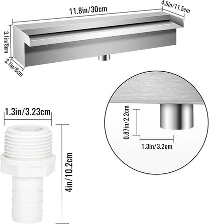 Pool Waterfall Fountains, Stainless Steel Rectangular Pool Waterfall Spillway with Pipe Connector for Indoor/Outdoor Decorative (11.8 Inch)
