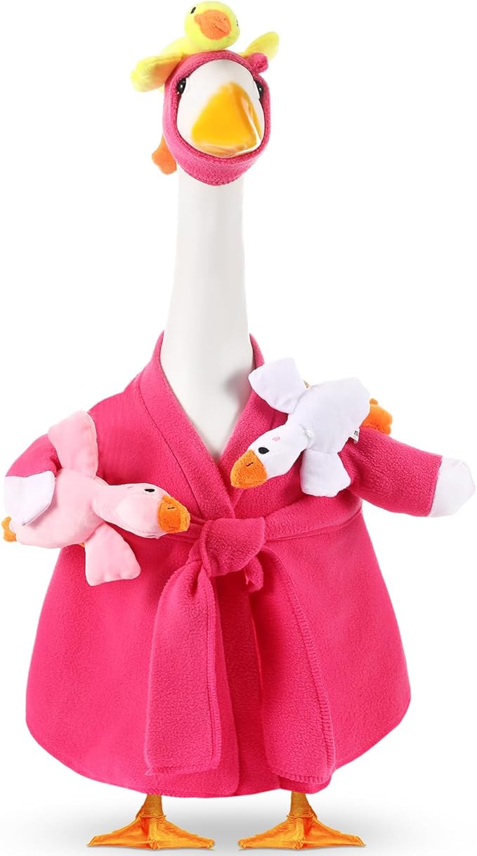 Shyyween Mommy and Baby Porch Goose Outfit for 23'' Cement Statue Silly Geese Clothes Hot Pink Bathrobe with Baby Geese for Outdoor Garden Yard Lawn Patio Duck Decoration