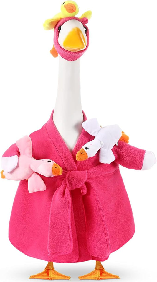 Shyyween Mommy and Baby Porch Goose Outfit for 23'' Cement Statue Silly Geese Clothes Hot Pink Bathrobe with Baby Geese for Outdoor Garden Yard Lawn Patio Duck Decoration