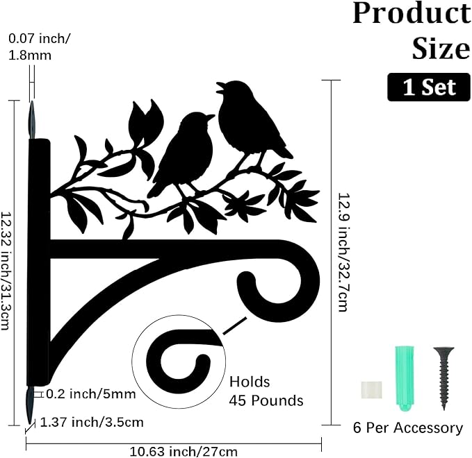 Bird Plant Hanger Iron Plant Brackets 10.6 x 11.3 Inch Black Tree Leaf Animal Silhouette Indoor Outdoor Decorative Basket Wall Mounted Hanging Bracket for Porch Garden Wind Chime Lantern