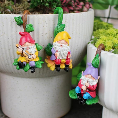 Set of 3 Cute Climbing Gnome Figurines Flower Pot Hugger, Resin Hanging Gnomes Statue Outdoor Decor Fence Ornaments for Patio Lawn Garden Yard (Music Gnome)