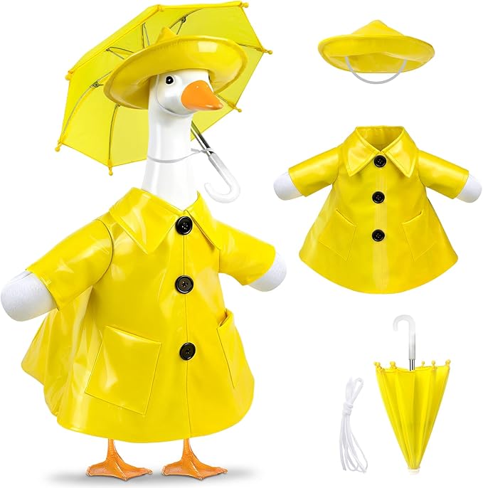 3 Pcs/Set Raincoat Porch Goose Outfits, Summer Lawn Goose Statue Raincoat Costume, Yard Goose Clothes Raincoats Umbrella Hat Outfit for 23" Statue Patio Garden Decoration Yellow