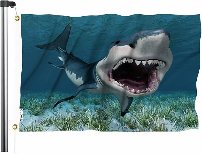 Swono Great White Shark Flag - 3x5 Ft Underwater Coral Ocean Fish Flag for Outdoor, Indoor, Office, Workplace, Home, Garden, Business