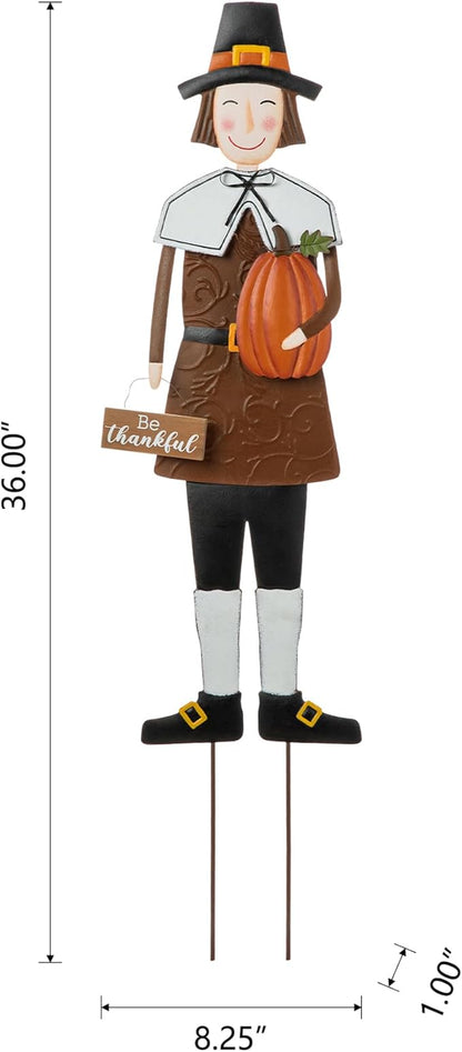Glitzhome Thanksgiving Decorations Outdoor, 36" Metal Pilgrim Boy Give Thanks Yard Welcome Sign with Stake Wall Hanging Decor for Yard Garden Lawn Pathway