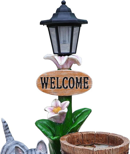 Solar Light Animal Outdoor Statue Planter with Welcome Sign, Resin Garden Sculpture Flower Pot for Patio Lawn Porch Yard Courtyard Decor, Weather-Resistant Decorative Figurine Accent (F)