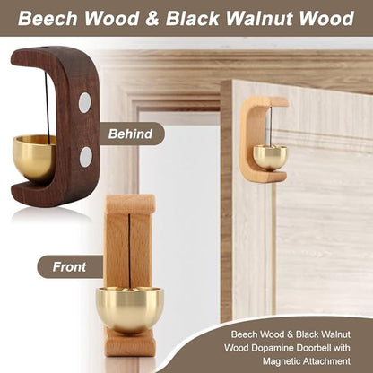2Pcs Magnetic Shopkeepers Bell for Door Opening - Vintage Wooden Wind Chime Doorbell with Brass Bell, Wireless Adhesive Door Chime for Housewarming Gift Refrigerator Room Garden(Brown，Light)