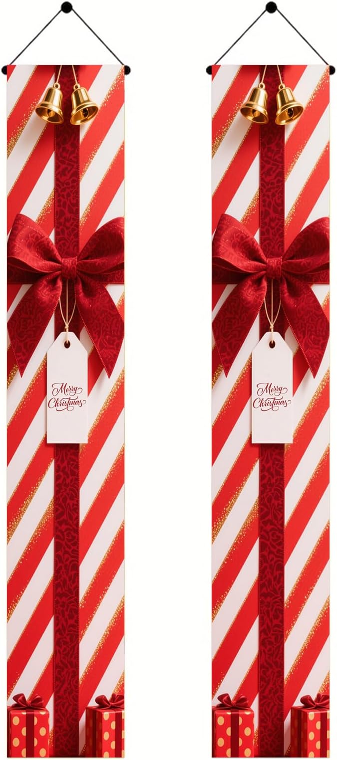 BlissYard Red White Christmas Porch Decorations 12x71 Inch Welcome Hanging Banner Porch Signs for Holiday Decor Gift Box Door Banners for Christmas Winter Home Porch Outdoor Decoration for Front Door