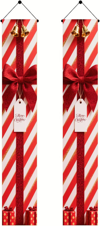 BlissYard Red White Christmas Porch Decorations 12x71 Inch Welcome Hanging Banner Porch Signs for Holiday Decor Gift Box Door Banners for Christmas Winter Home Porch Outdoor Decoration for Front Door