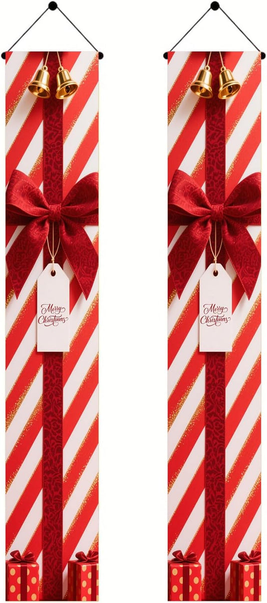 BlissYard Red White Christmas Porch Decorations 12x71 Inch Welcome Hanging Banner Porch Signs for Holiday Decor Gift Box Door Banners for Christmas Winter Home Porch Outdoor Decoration for Front Door