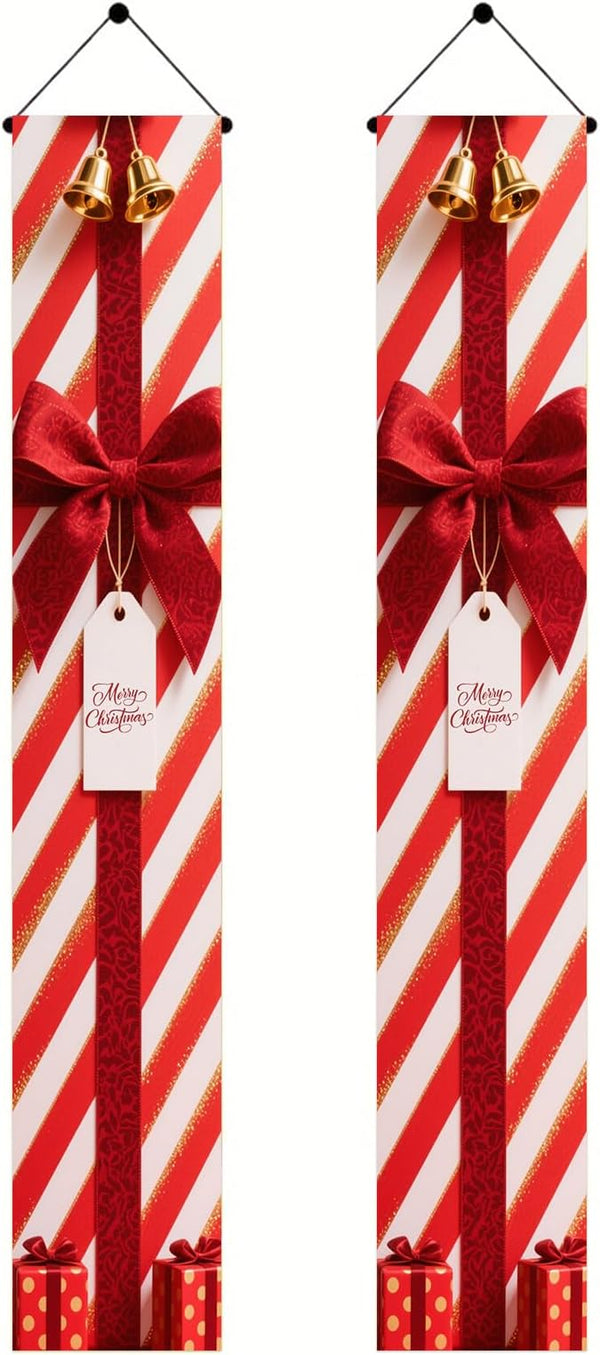 BlissYard Red White Christmas Porch Decorations 12x71 Inch Welcome Hanging Banner Porch Signs for Holiday Decor Gift Box Door Banners for Christmas Winter Home Porch Outdoor Decoration for Front Door